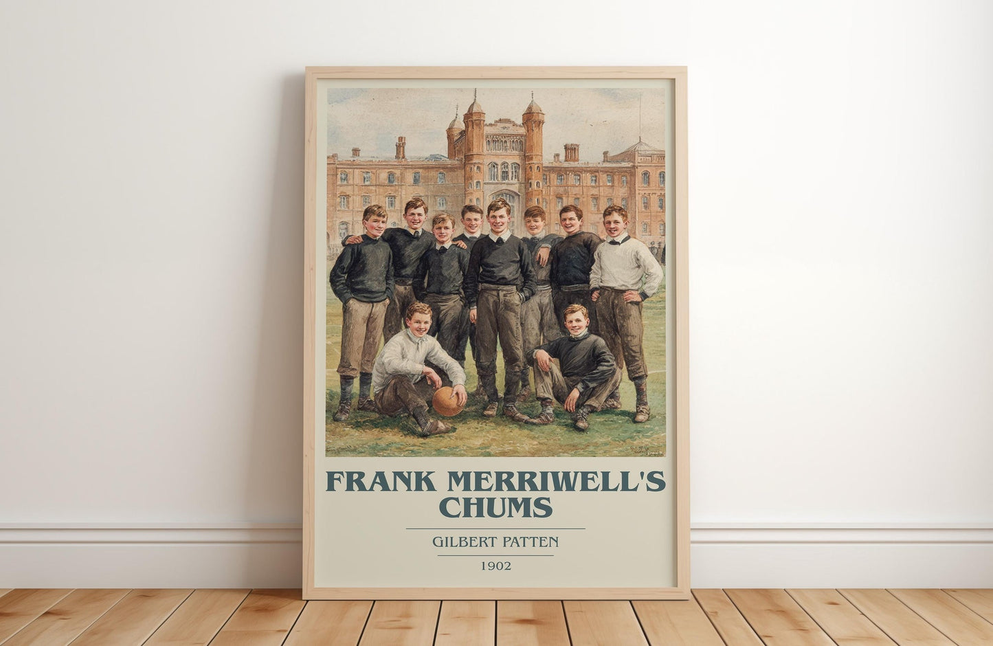 Frank Merriwell's Chums book cover print in frame leaning in hallway – adventure wall art
