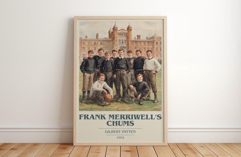 Frank Merriwell's Chums book cover print in frame leaning in hallway – adventure wall art