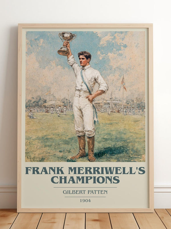 Frank Merriwell's Champions book cover print in frame leaning in hallway – adventure wall art