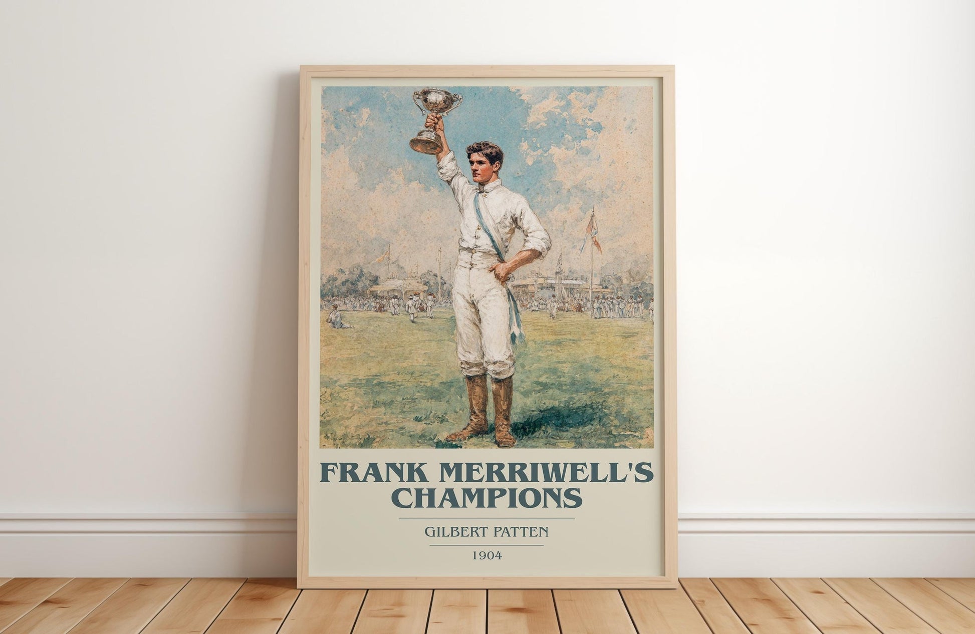 Frank Merriwell's Champions book cover print in frame leaning in hallway – adventure wall art