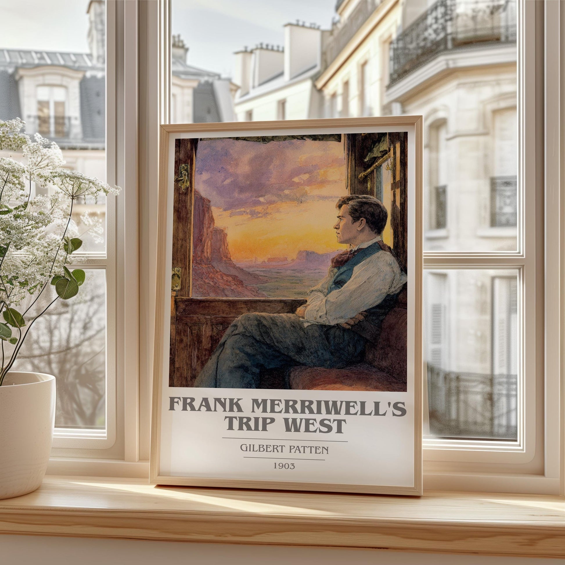 Frank Merriwell's Trip West book cover print framed by window – literary home decor