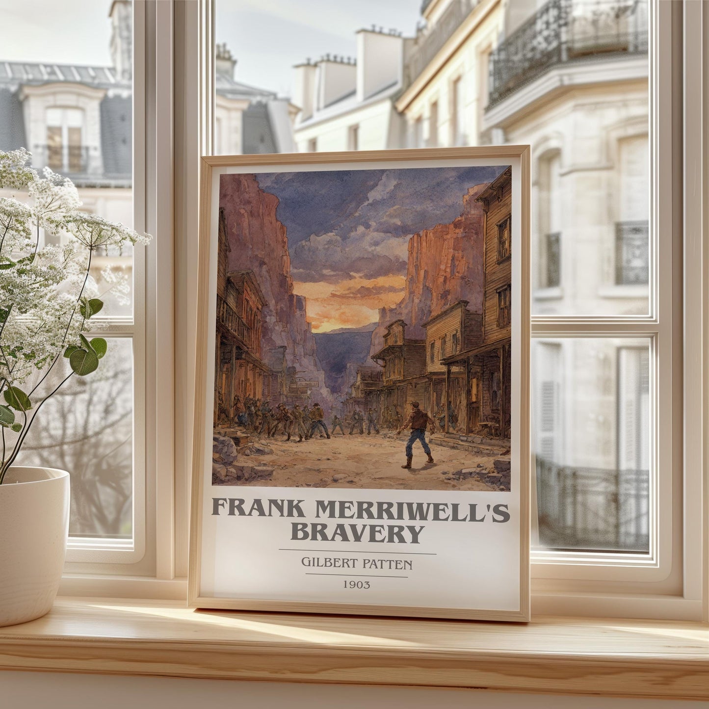 Frank Merriwell's Bravery book cover print framed by window – literary home decor