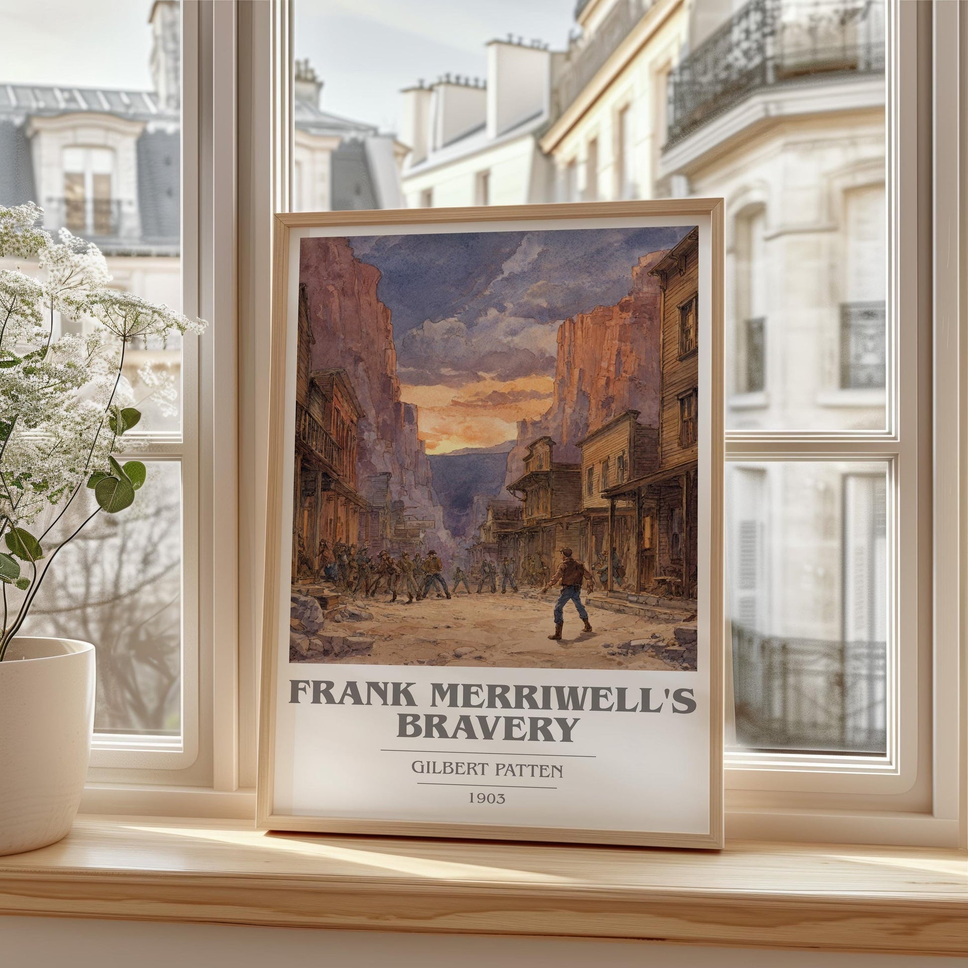 Frank Merriwell's Bravery book cover print framed by window – literary home decor