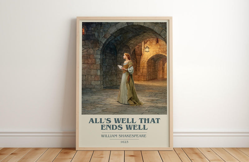 All's Well That Ends Well book cover print in frame leaning in hallway – adventure wall art