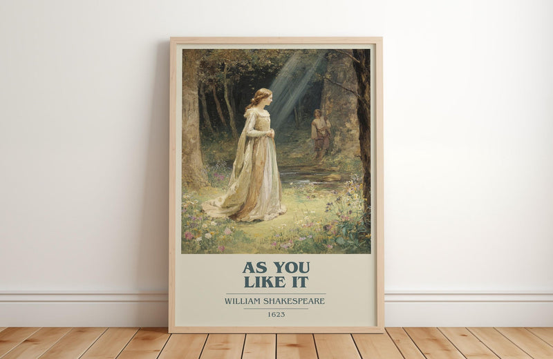 As You Like It book cover print in frame leaning in hallway – thriller wall art