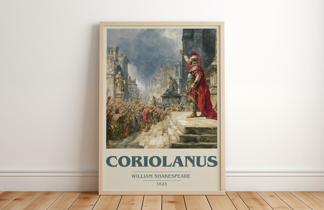 Coriolanus book cover print in frame leaning in hallway – classic literature wall art (mockup)