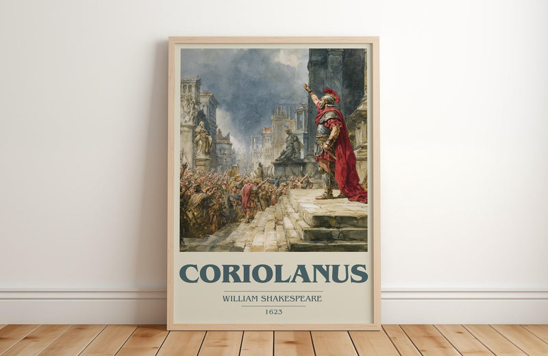 Coriolanus book cover print in frame leaning in hallway – classic literature wall art