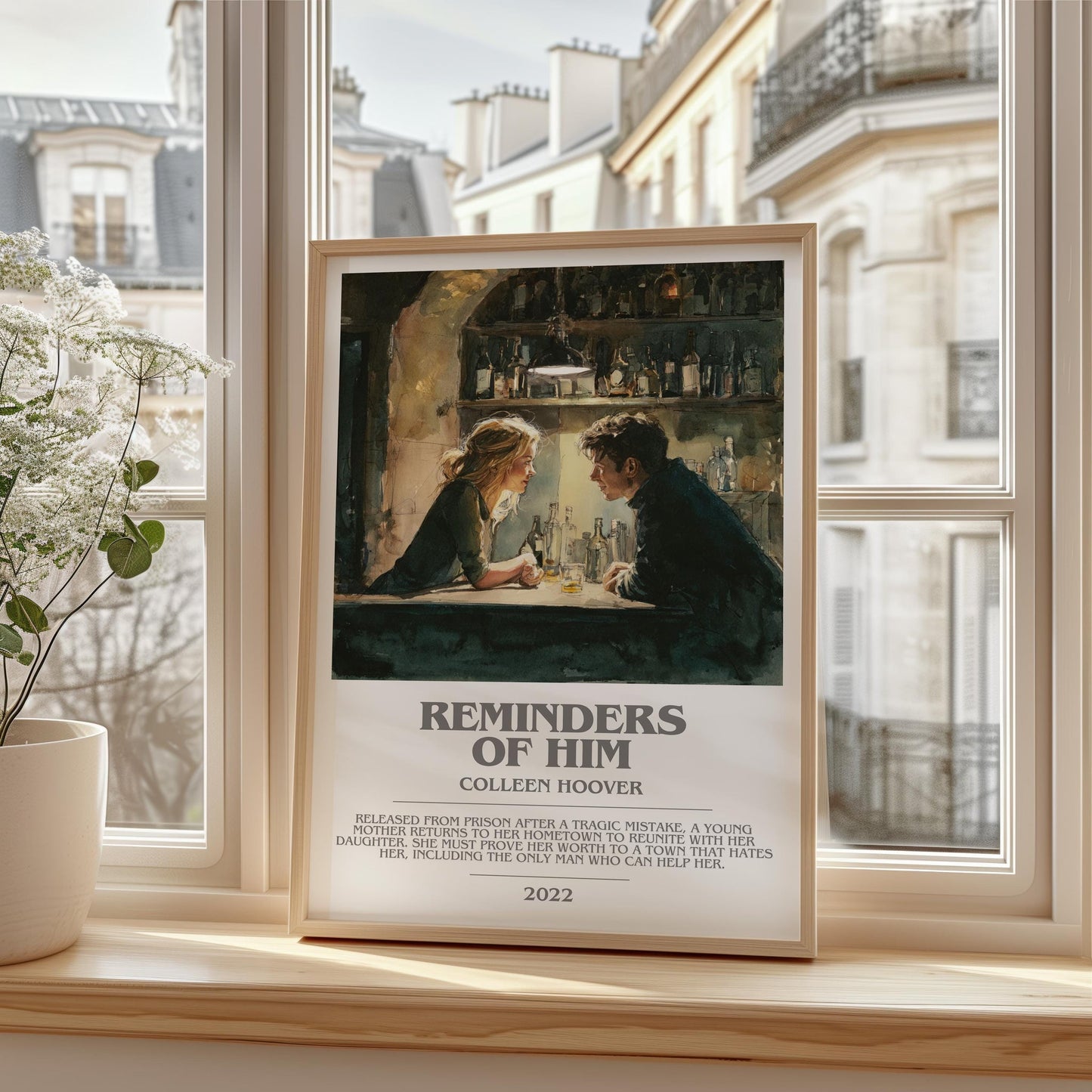 Reminders of Him bookish print framed by window – literary home decor