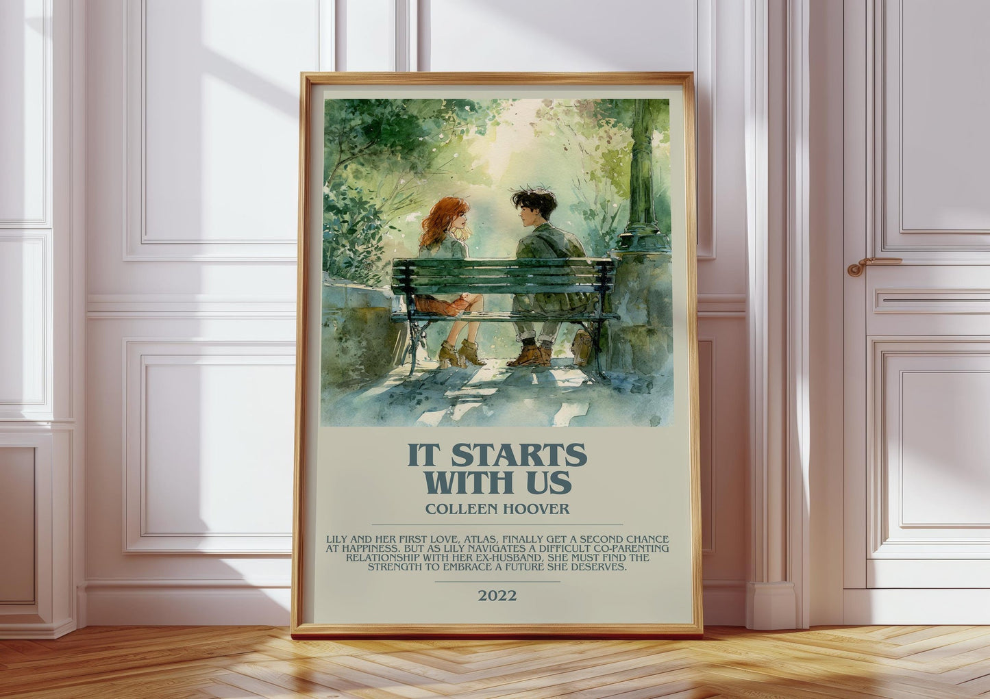 It Starts With Us bookish print in frame leaning in hallway – romance wall art