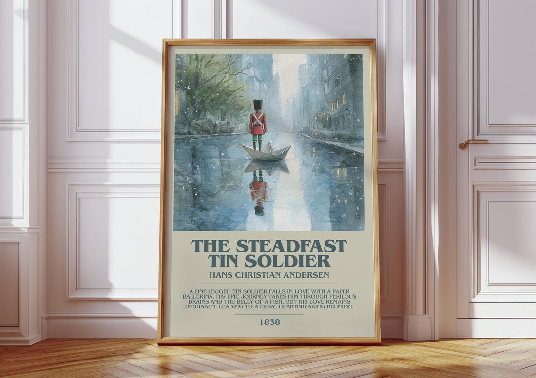 The Steadfast Tin Soldier bookish print in frame leaning in hallway – childrens wall art (mockup)