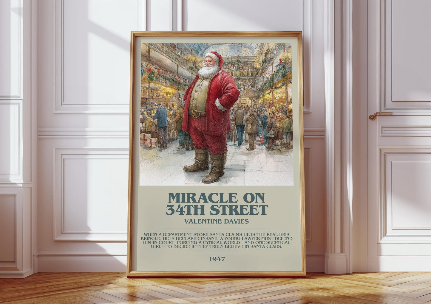 Miracle On 34th Street bookish print in frame leaning in hallway – classic literature wall art