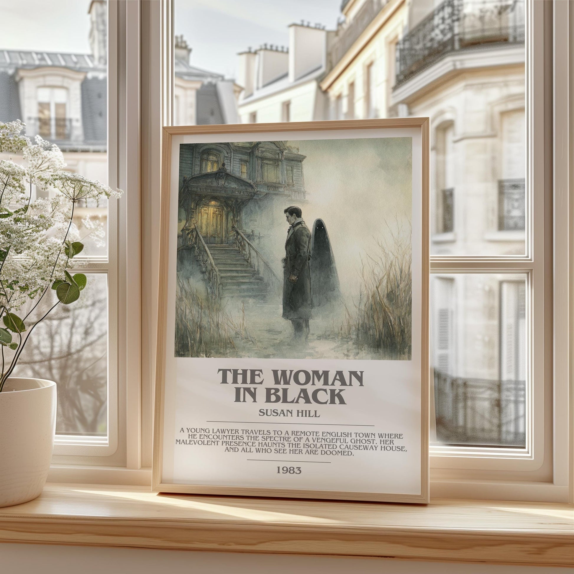The Woman in Black bookish print framed by window – literary home decor