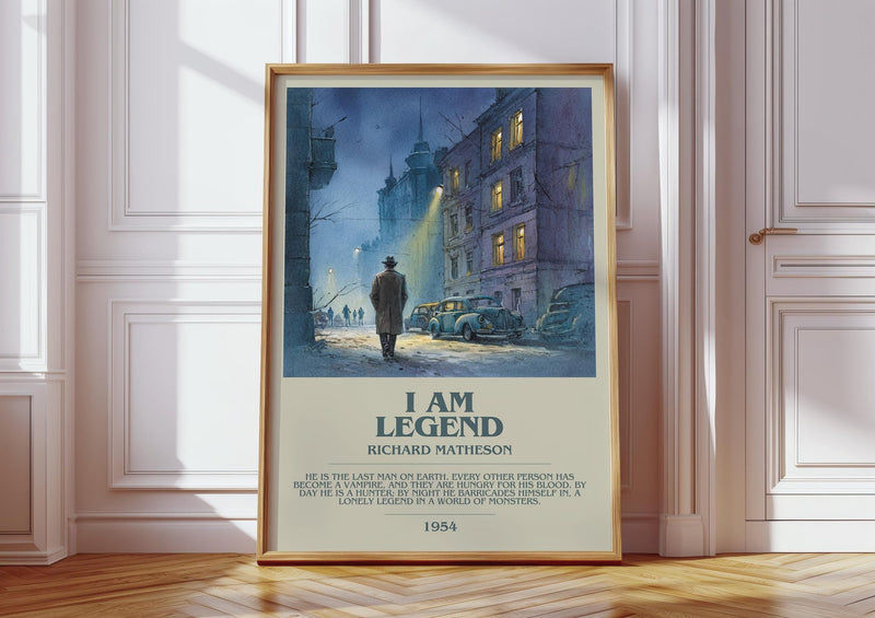 I Am Legend bookish print in frame leaning in hallway – horror wall art