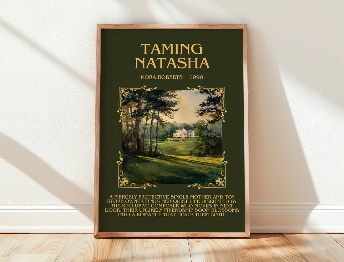 Taming Natasha minimalist print in frame leaning in hallway – romance wall art (mockup)