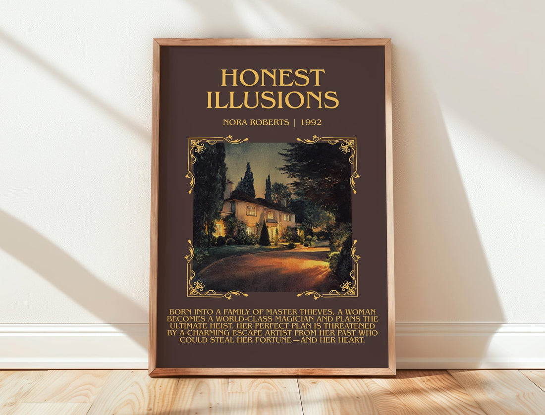 Honest Illusions minimalist print in frame leaning in hallway – romance wall art (mockup)