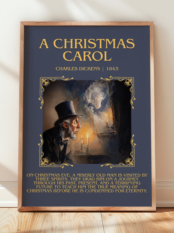 A Christmas Carol minimalist print in frame leaning in hallway – classic literature wall art