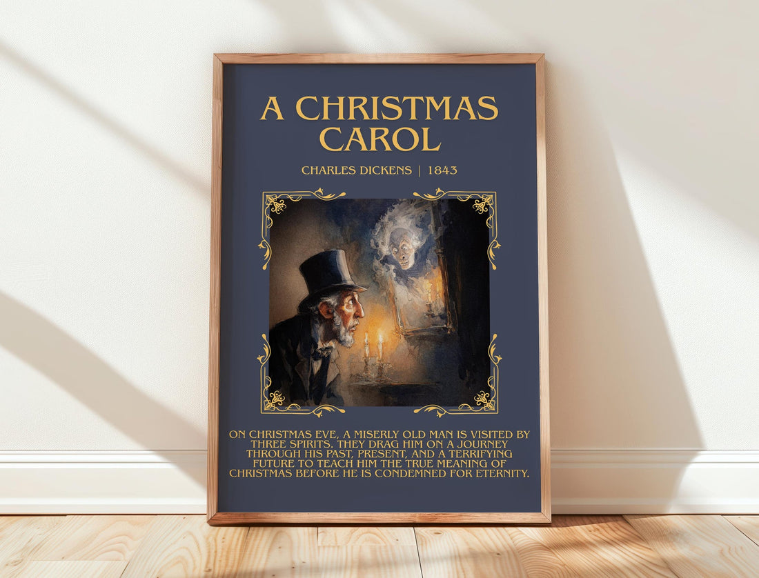 A Christmas Carol minimalist print in frame leaning in hallway – classic literature wall art (mockup)