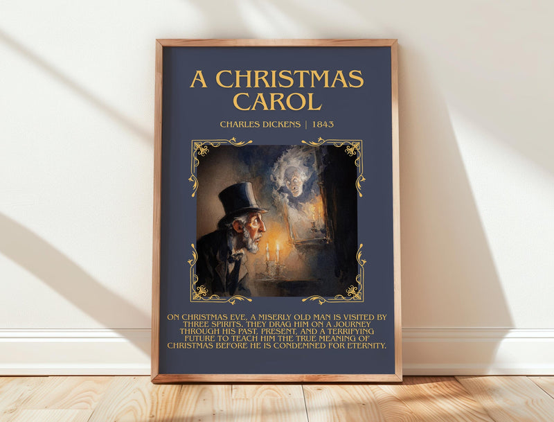A Christmas Carol minimalist print in frame leaning in hallway – classic literature wall art