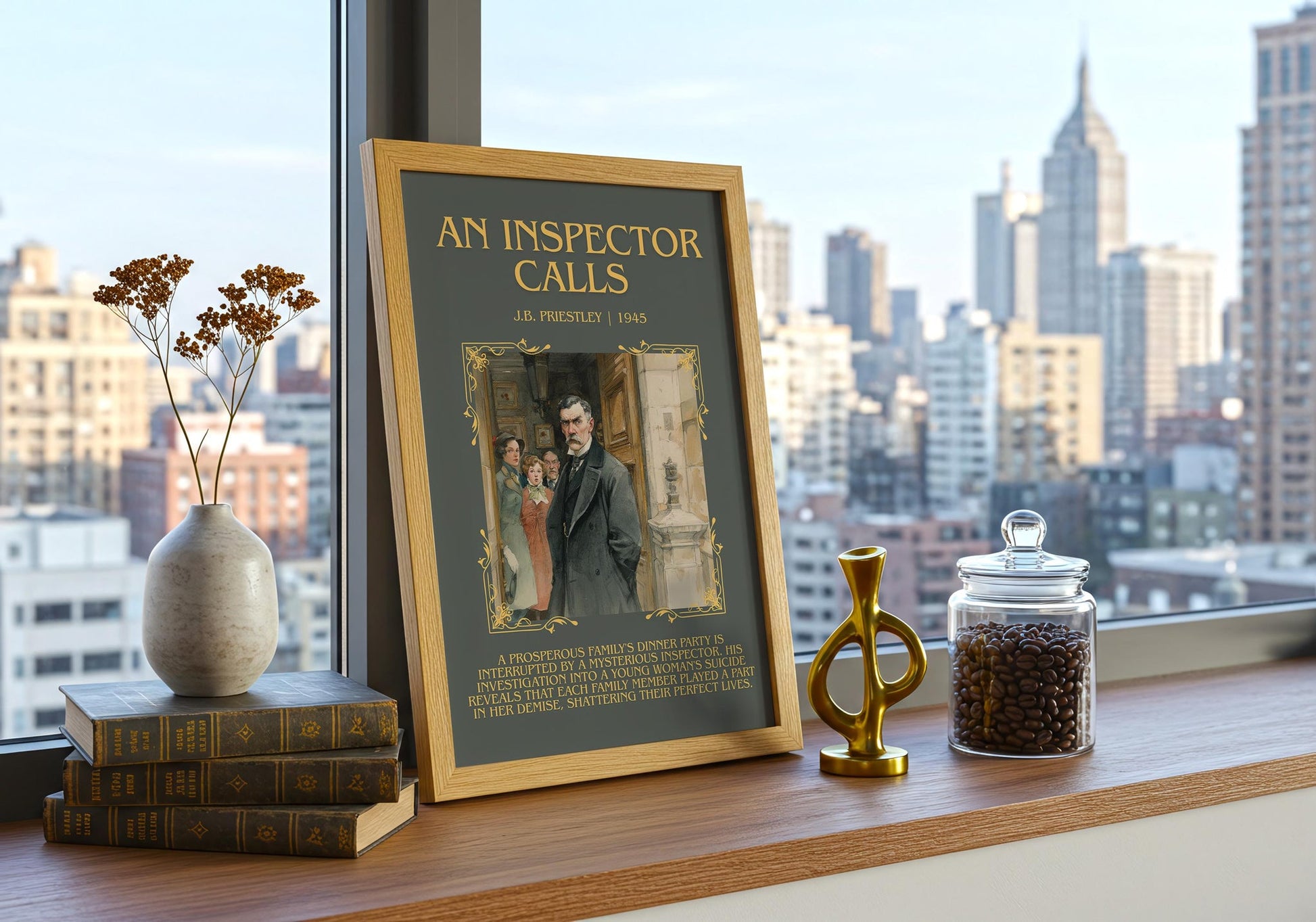 An Inspector Calls minimalist print framed by window – literary home decor