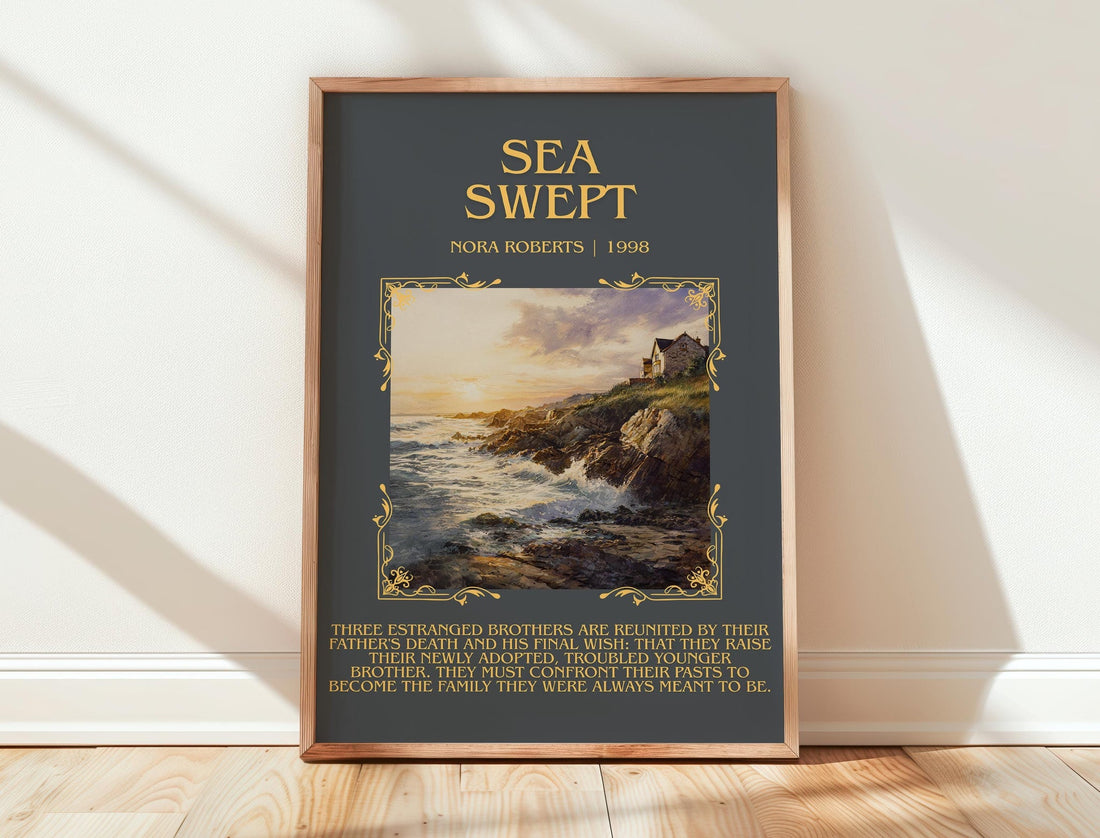 Sea Swept minimalist print in frame leaning in hallway – romance wall art (mockup)