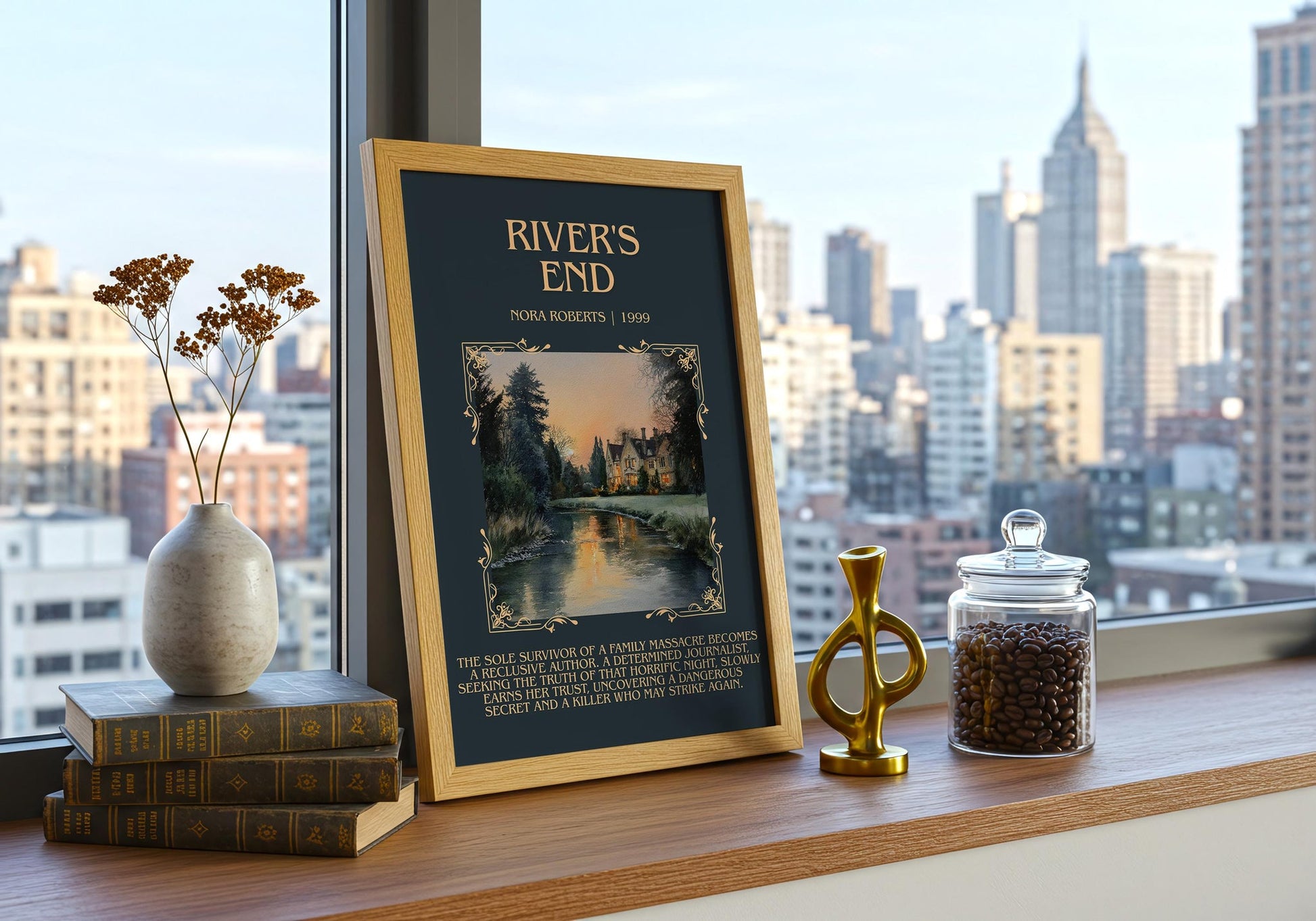 River's End minimalist print framed by window – literary home decor