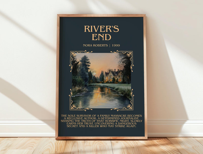 River's End minimalist print in frame leaning in hallway – thriller wall art