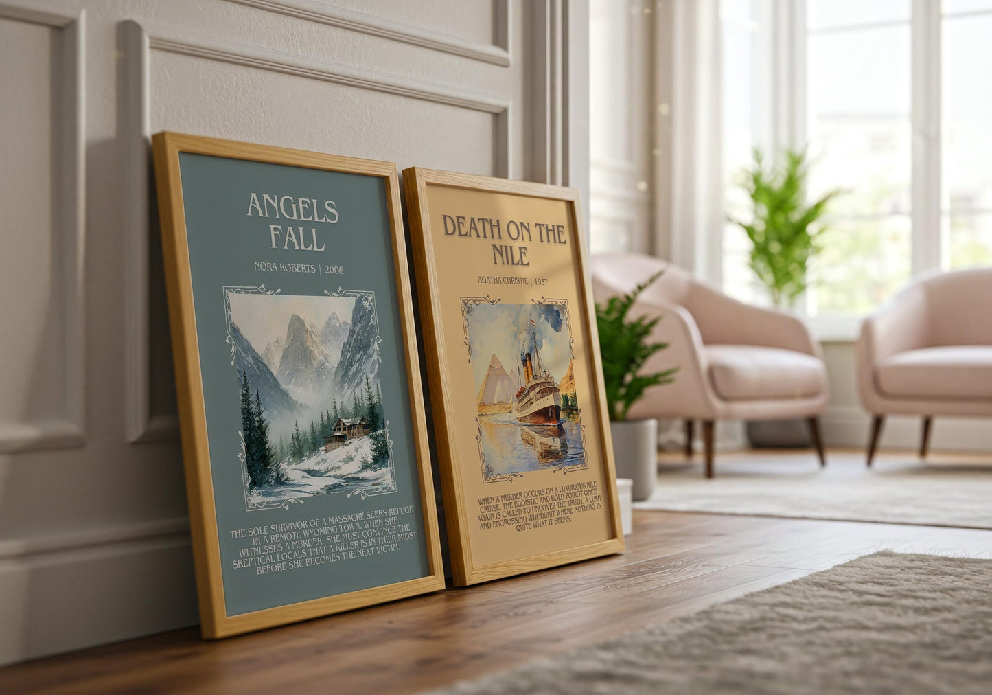 Angels Fall minimalist book poster framed on wall – romance wall art