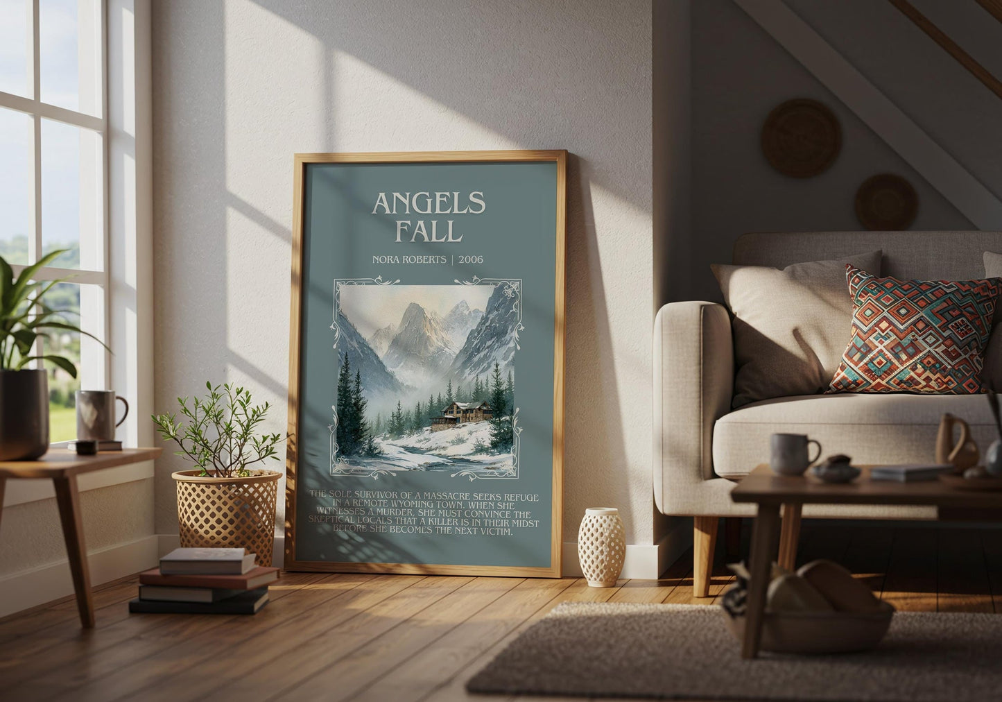 Angels Fall minimalist poster paired in gallery wall – literary art prints