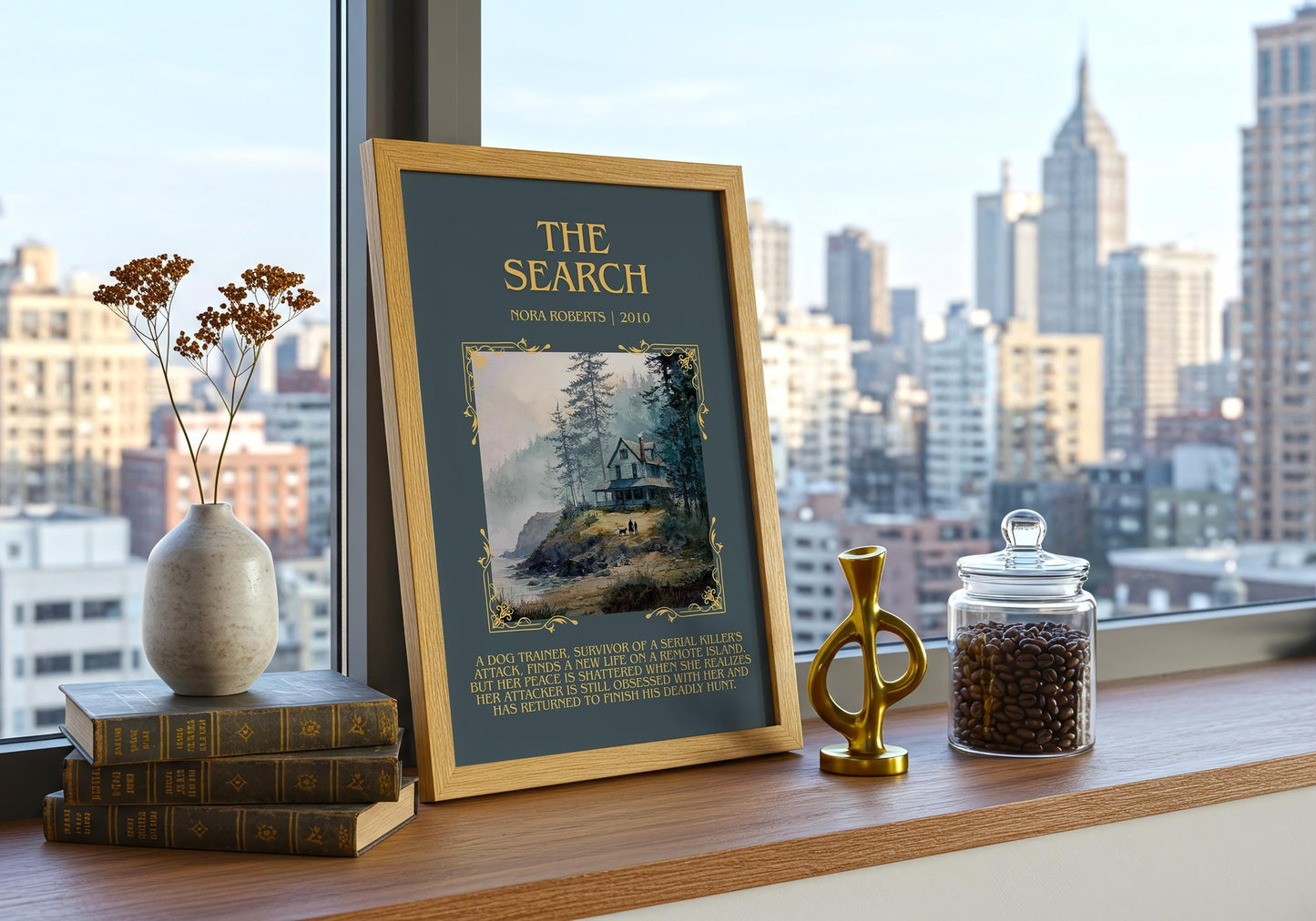 The Search minimalist print framed by window – literary home decor