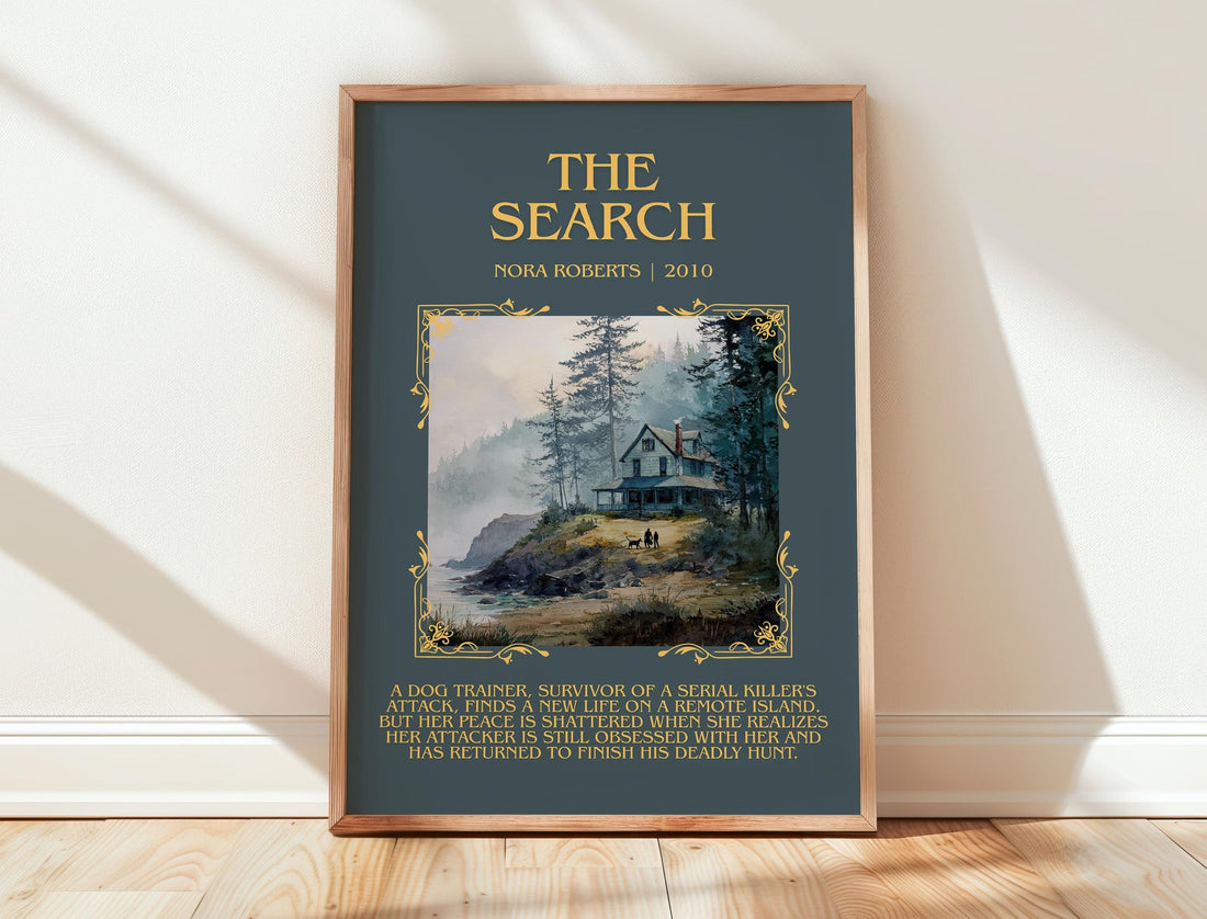 The Search minimalist print in frame leaning in hallway – romance wall art (mockup)