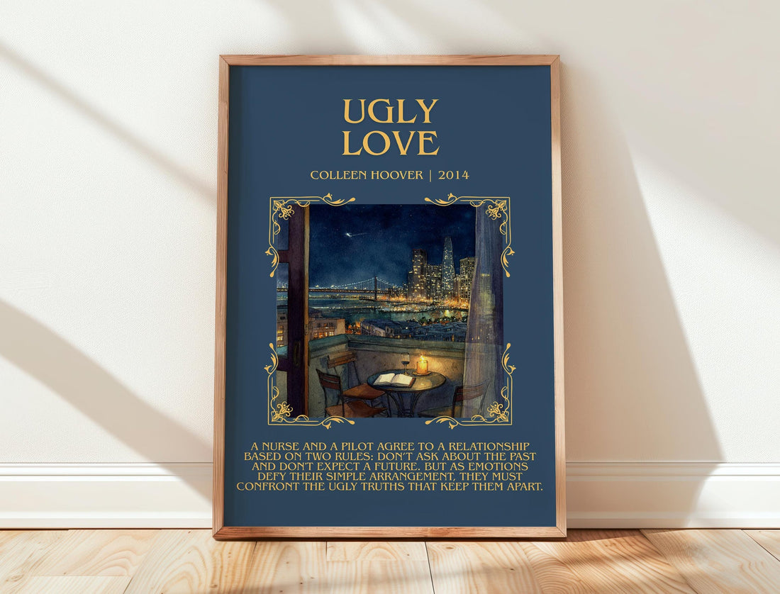 Ugly Love minimalist print in frame leaning in hallway – romance wall art (mockup)
