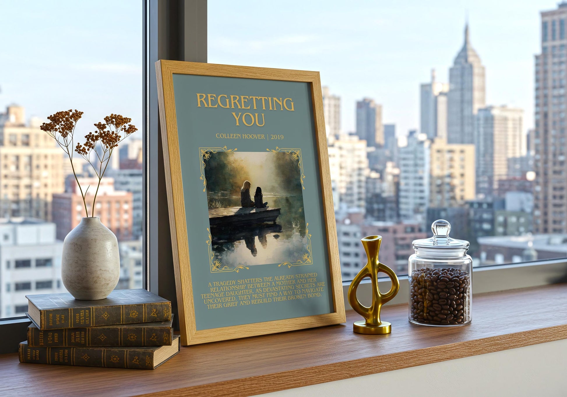 Regretting You minimalist print framed by window – literary home decor