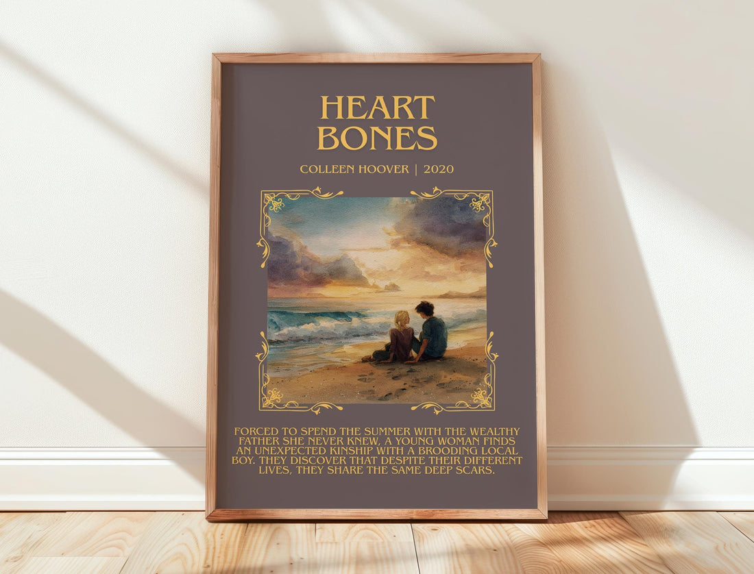 Heart Bones minimalist print in frame leaning in hallway – romance wall art (mockup)