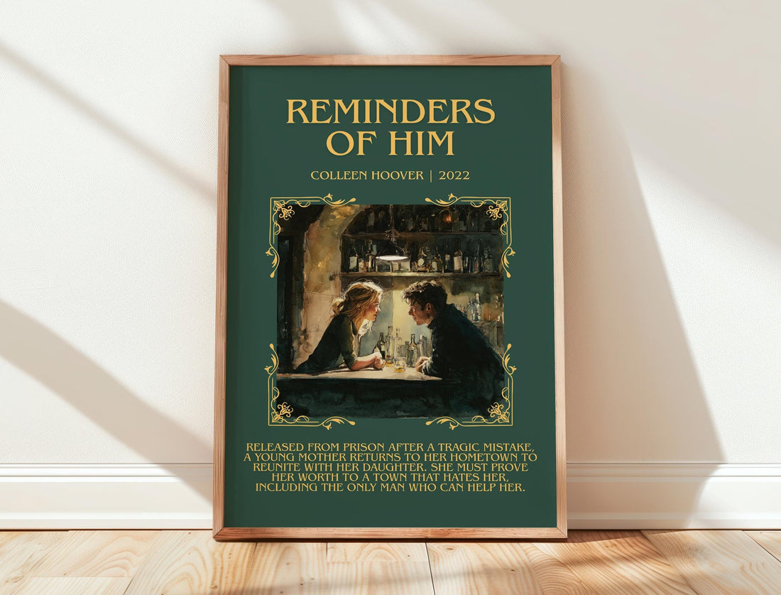 Reminders of Him minimalist print in frame leaning in hallway – romance wall art (mockup)