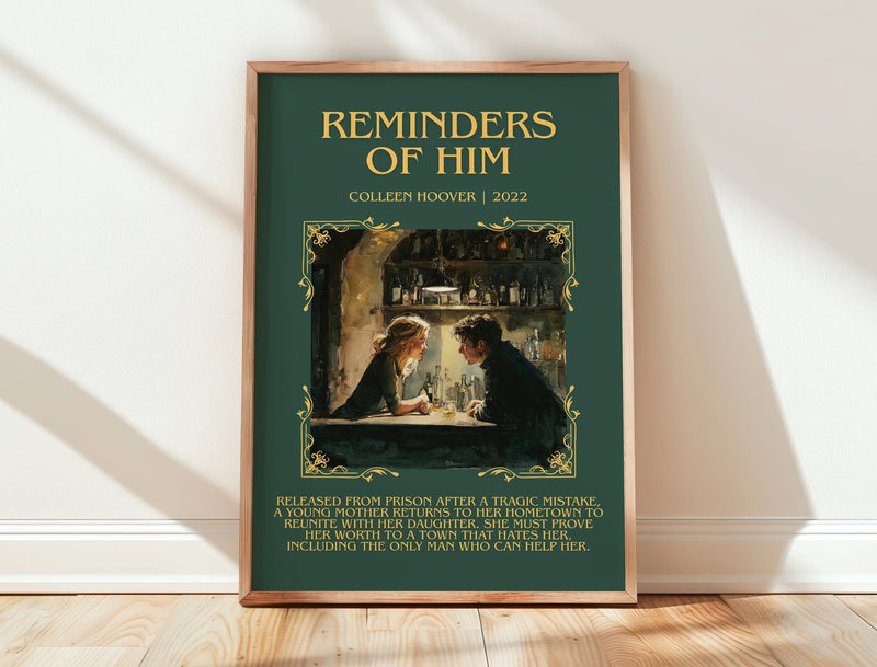 Reminders of Him minimalist print in frame leaning in hallway – romance wall art