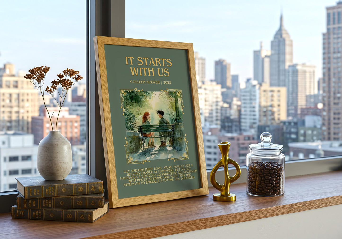 It Starts With Us minimalist print framed by window – literary home decor