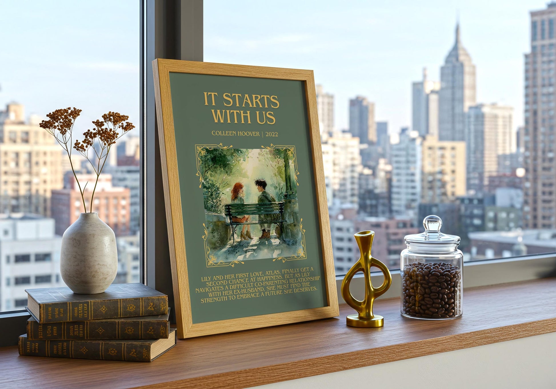 It Starts With Us minimalist print framed by window – literary home decor