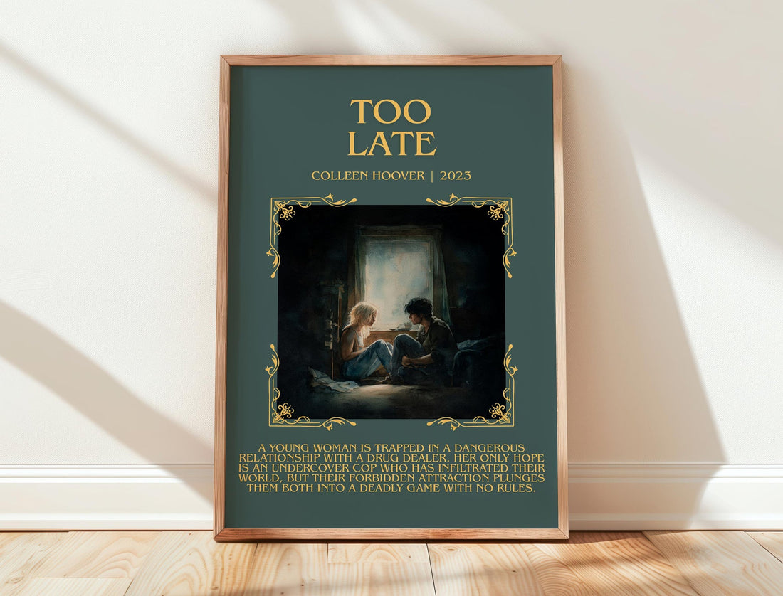 Too late minimalist print in frame leaning in hallway – romance wall art (mockup)