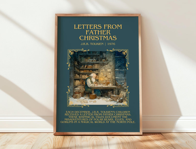 Letters from Father Christmas minimalist print in frame leaning in hallway – childrens wall art