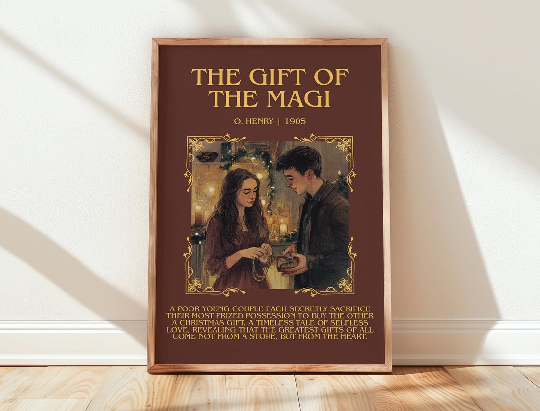 The Gift Of The Magi minimalist print in frame leaning in hallway – classic literature wall art (mockup)