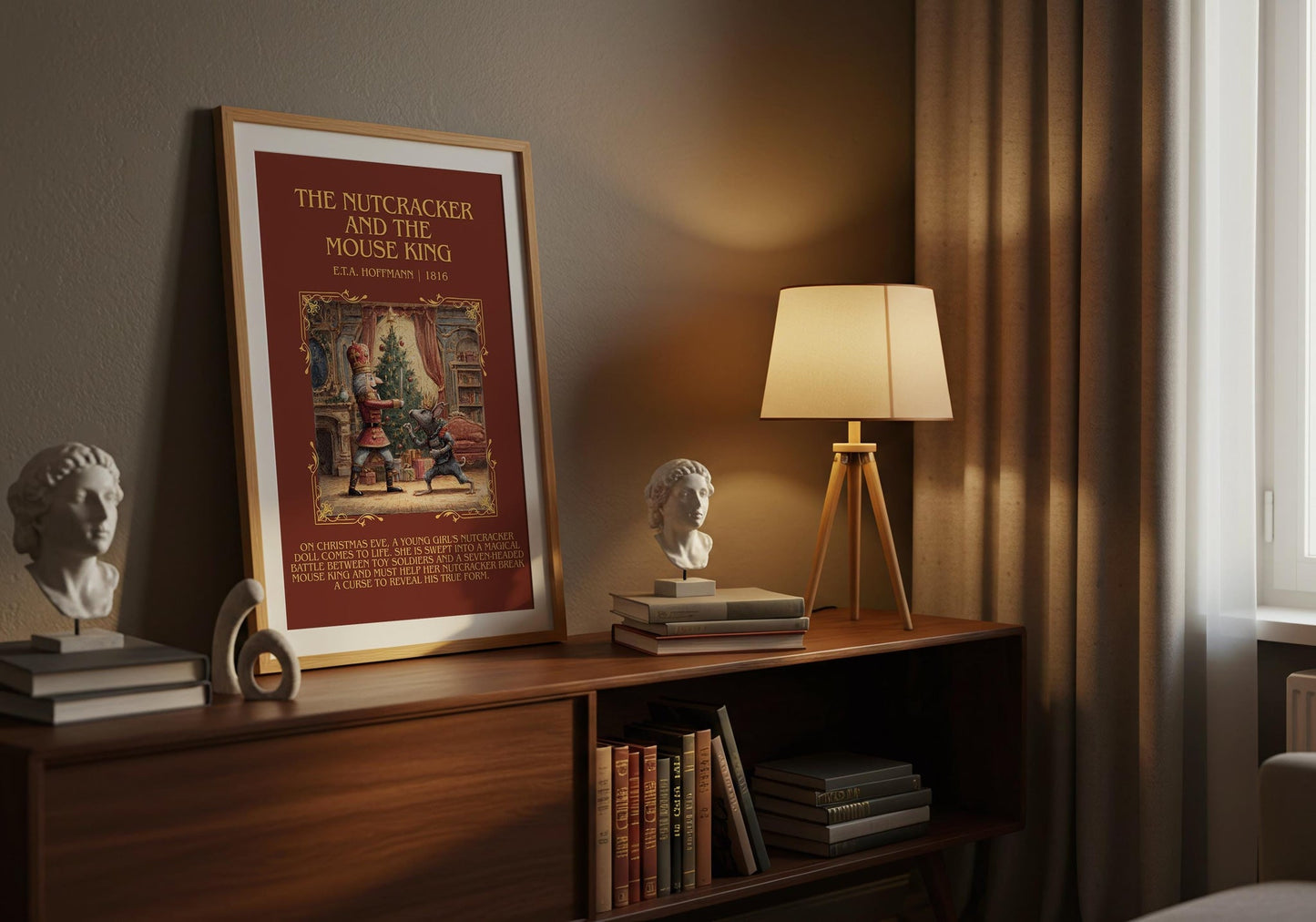 Nutcracker and the Mouse King minimalist print on bookshelf – E. T. A. Hoffmann fan gift