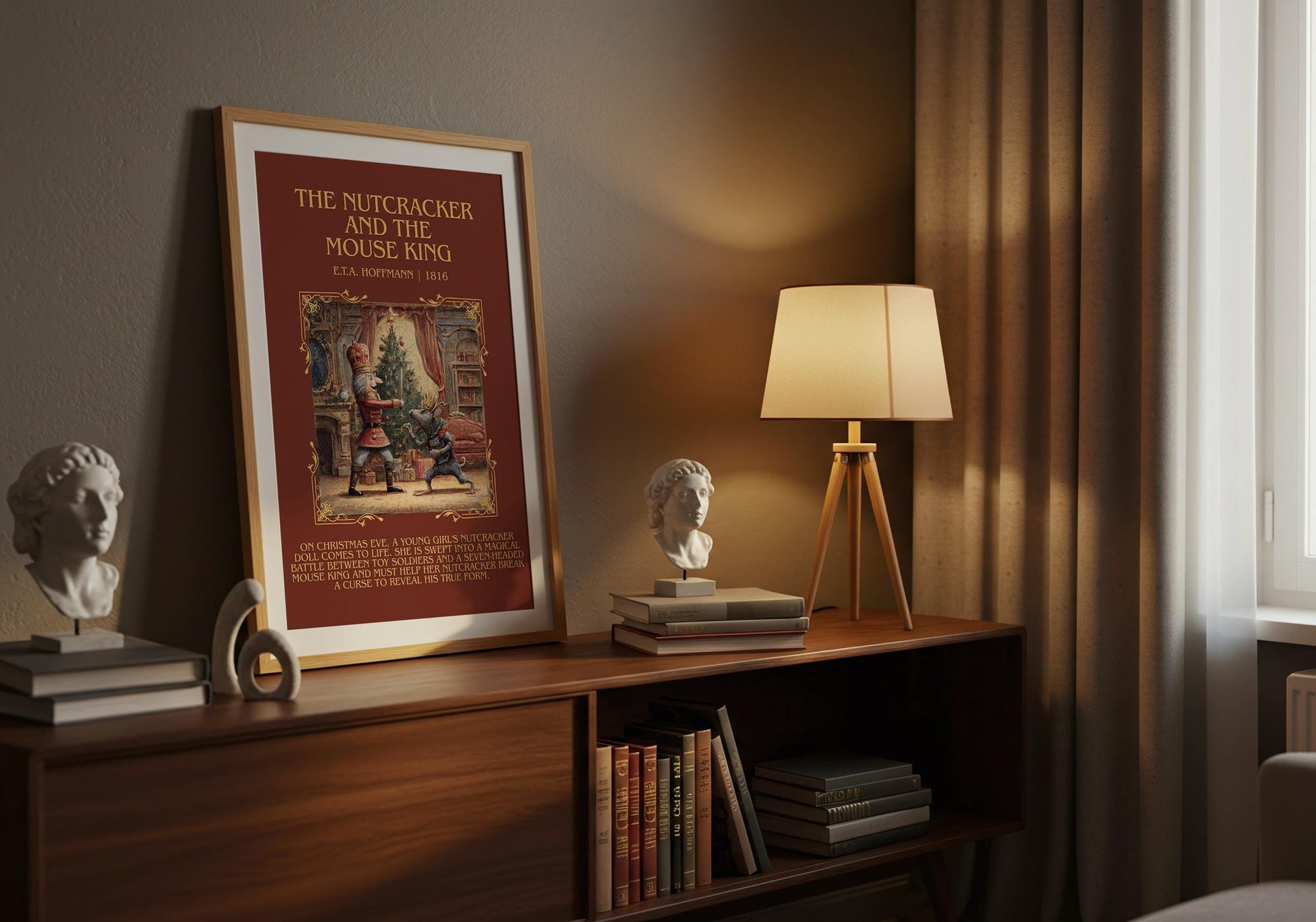Nutcracker and the Mouse King minimalist print on bookshelf – E. T. A. Hoffmann fan gift