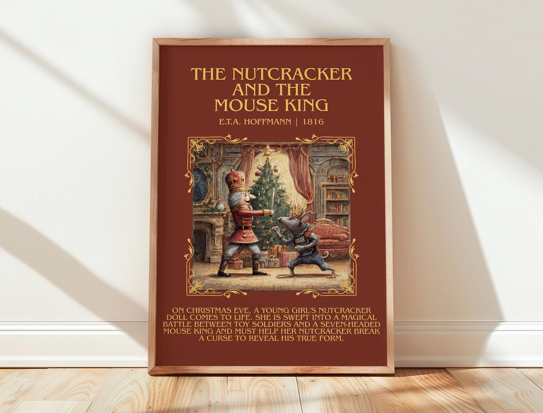 Nutcracker and the Mouse King minimalist print in frame leaning in hallway – childrens wall art (mockup)
