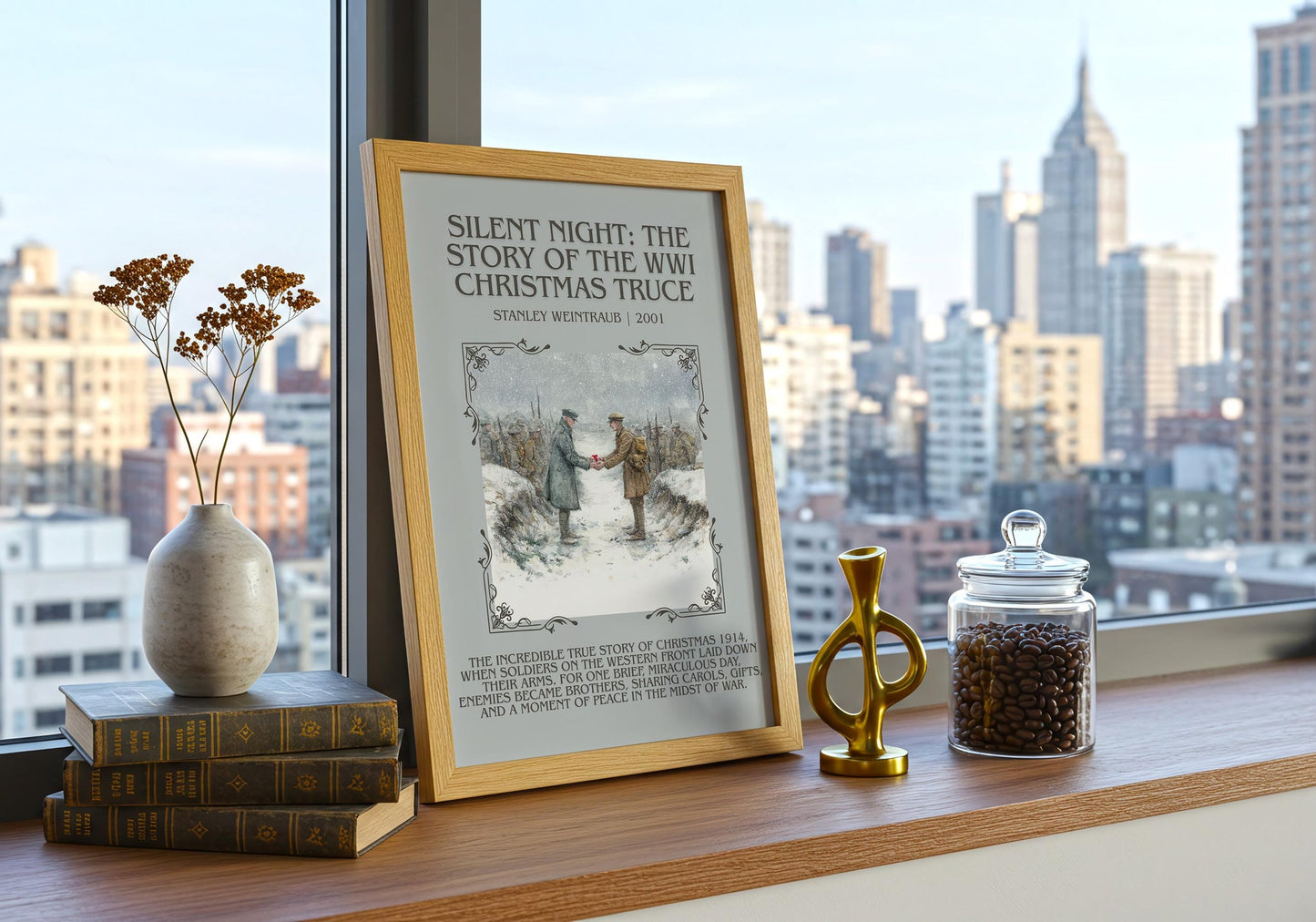 Silent Night: The Story of the World War I Christmas Truce minimalist print framed by window – literary home decor