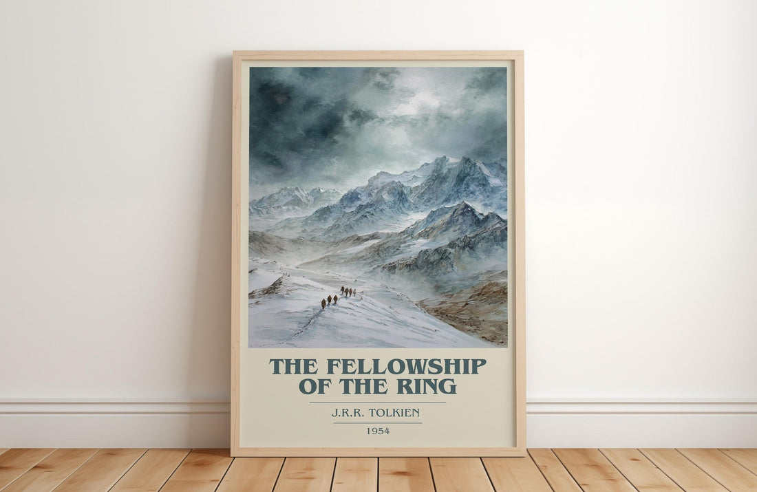 The Fellowship Of The Ring book cover print in frame leaning in hallway – fantasy wall art (mockup)
