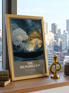 The Silmarillion book cover print framed by window – literary home decor