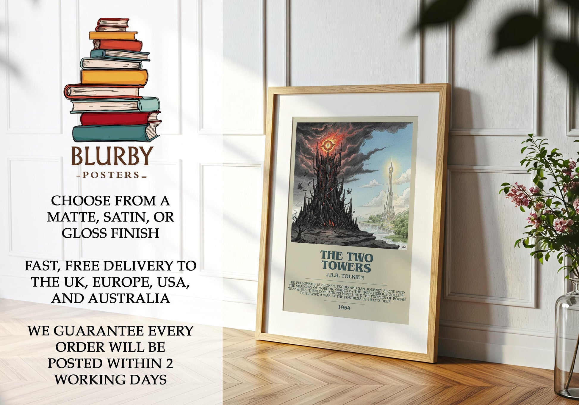 The Two Towers by J.R.R. Tolkien | Book Poster | Literary Art Gift For Book Lover | Novel Inspired Wall Art | Free Delivery