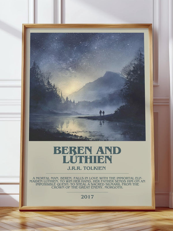 Beren and Lúthien bookish print in frame leaning in hallway – fantasy wall art