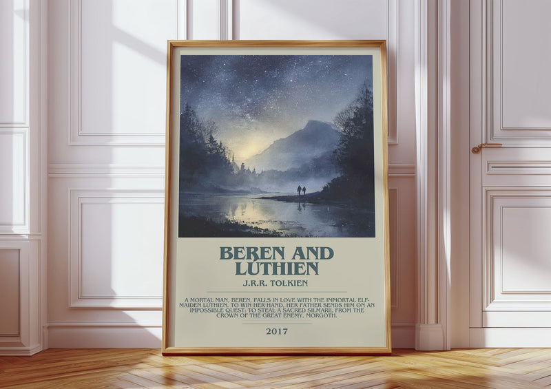 Beren and Lúthien bookish print in frame leaning in hallway – fantasy wall art