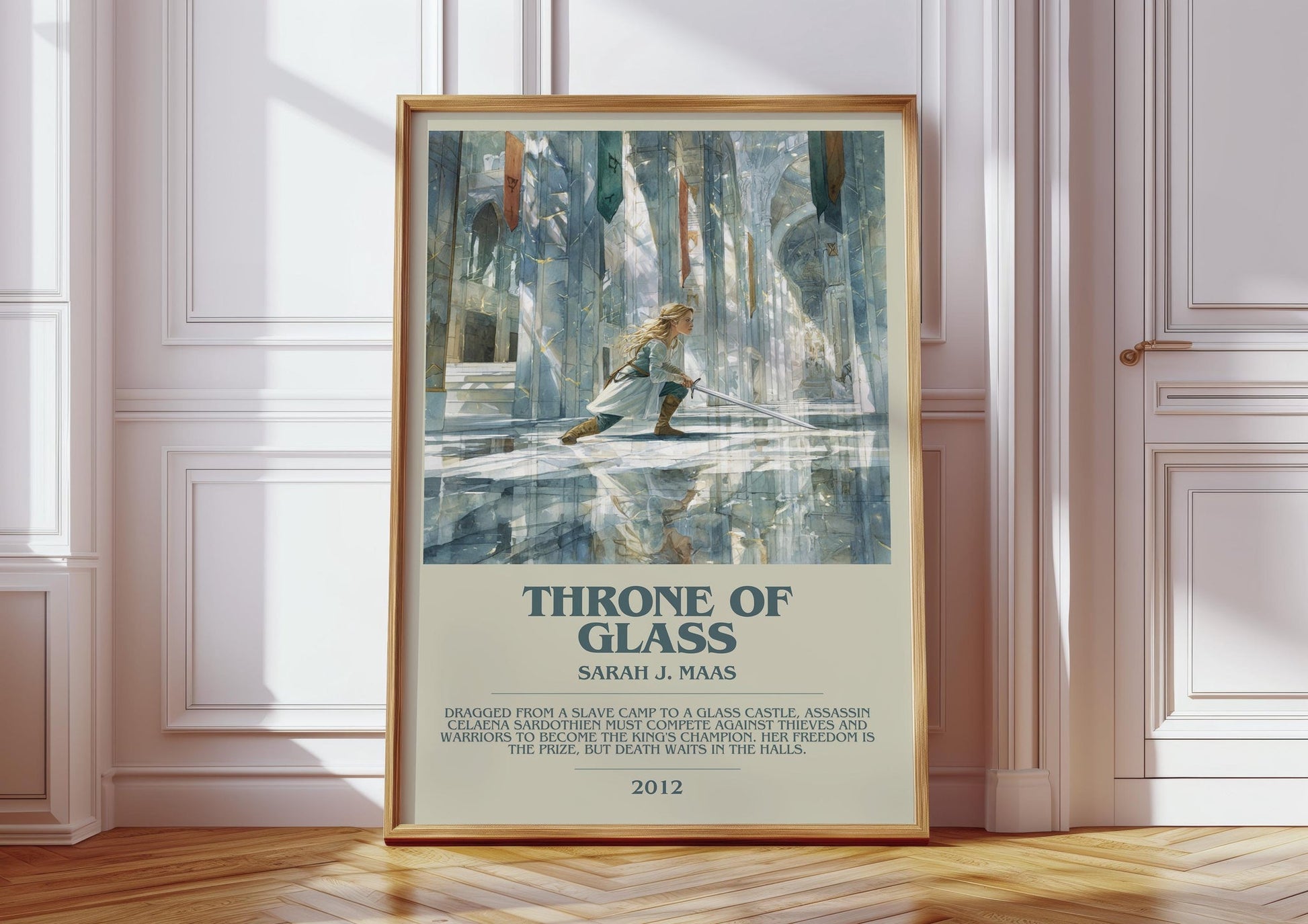 Throne of Glass bookish print in frame leaning in hallway – fantasy wall art